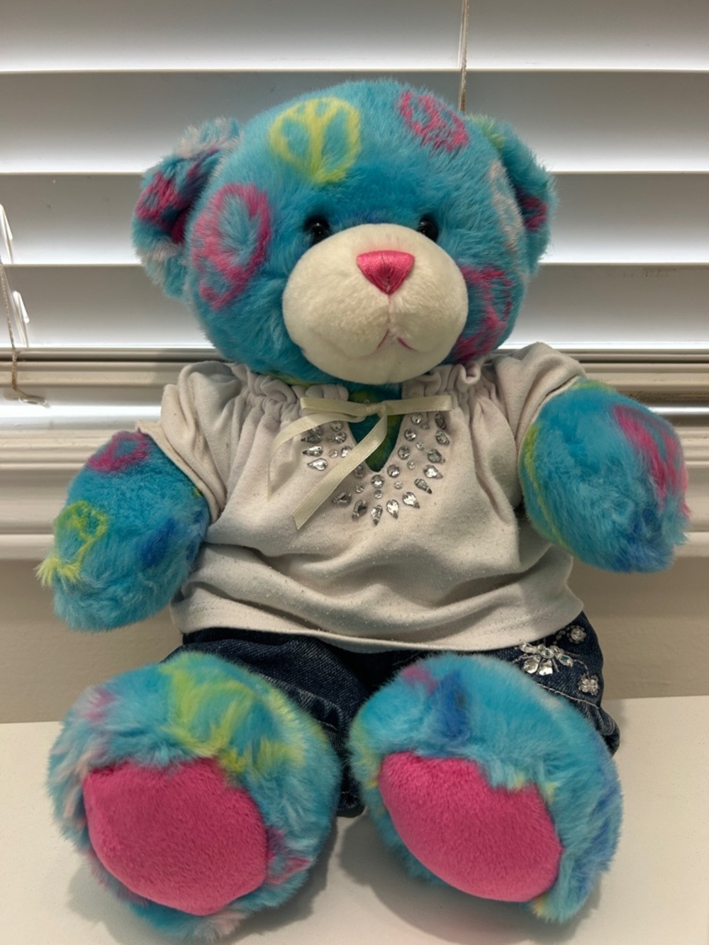 Build-A-Bear Blue Plush Teddy with Pink Accents and Peace Signs